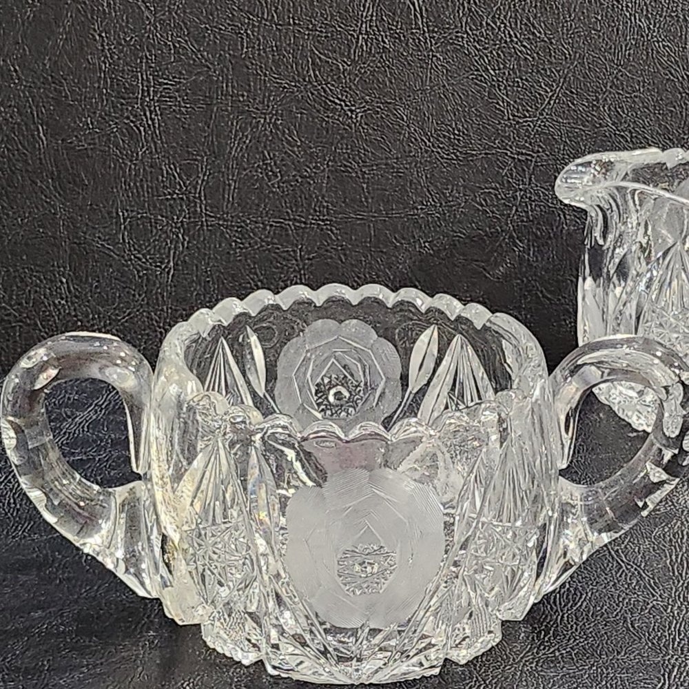 Vintage Crystal Rose Sugar and Creamer Set Cut Glass MCM Collectible Glass